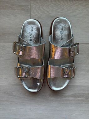 J Slides Metallic Silver Double Buckle Slide Sandals